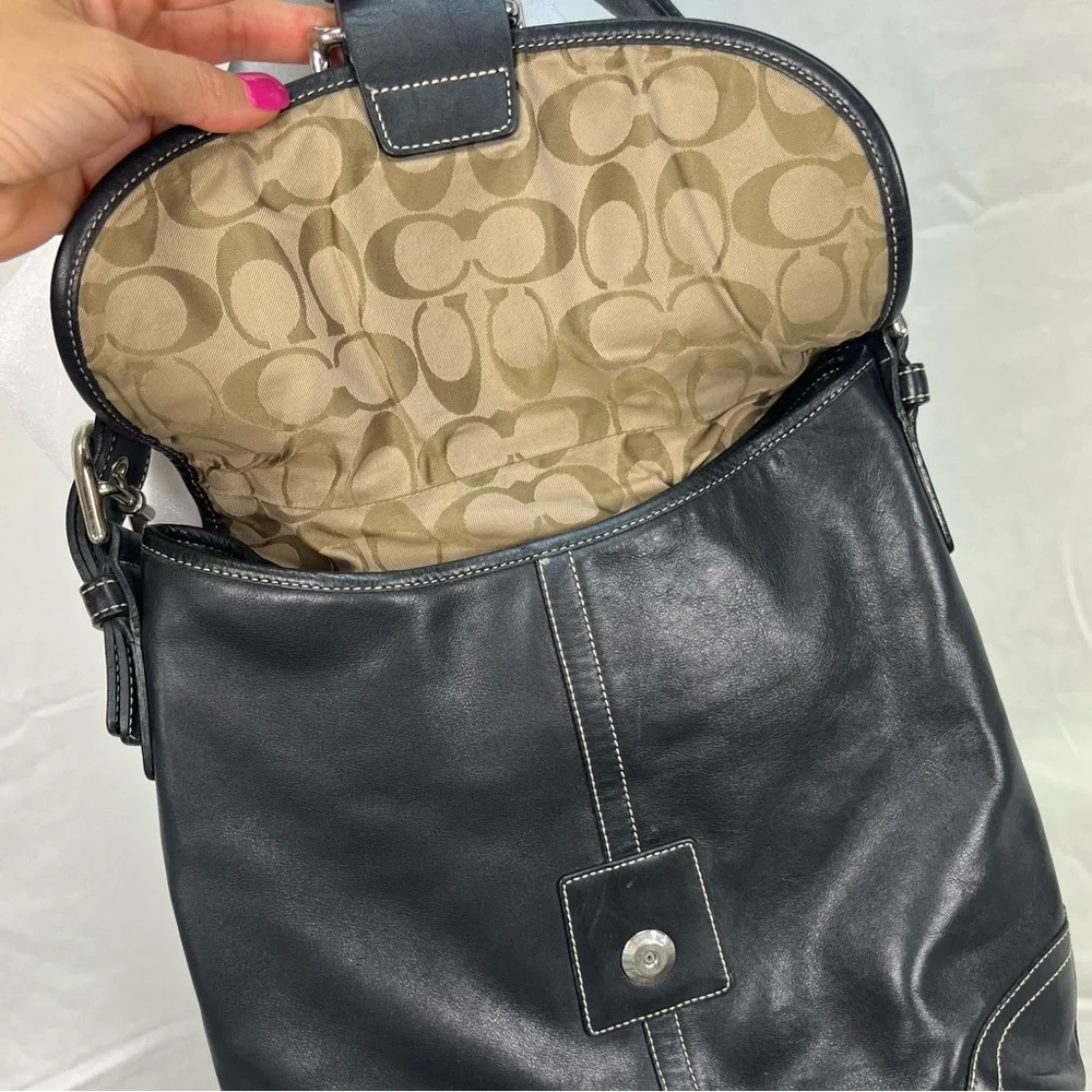 Coach black leather shoulder bag with adjustable strap and silver hardware. - Picture 6 of 11